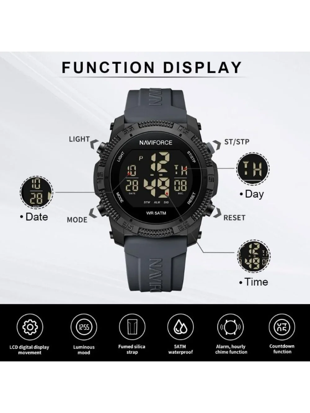 Unisex Grey Analog Quartz Rubber Strap Sports Waterproof Digital Wrist Watch